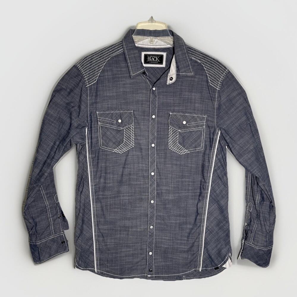 BKE Buckle Black Men's L Blue Western Shirt Pearl Snap Distressed Standard Fit